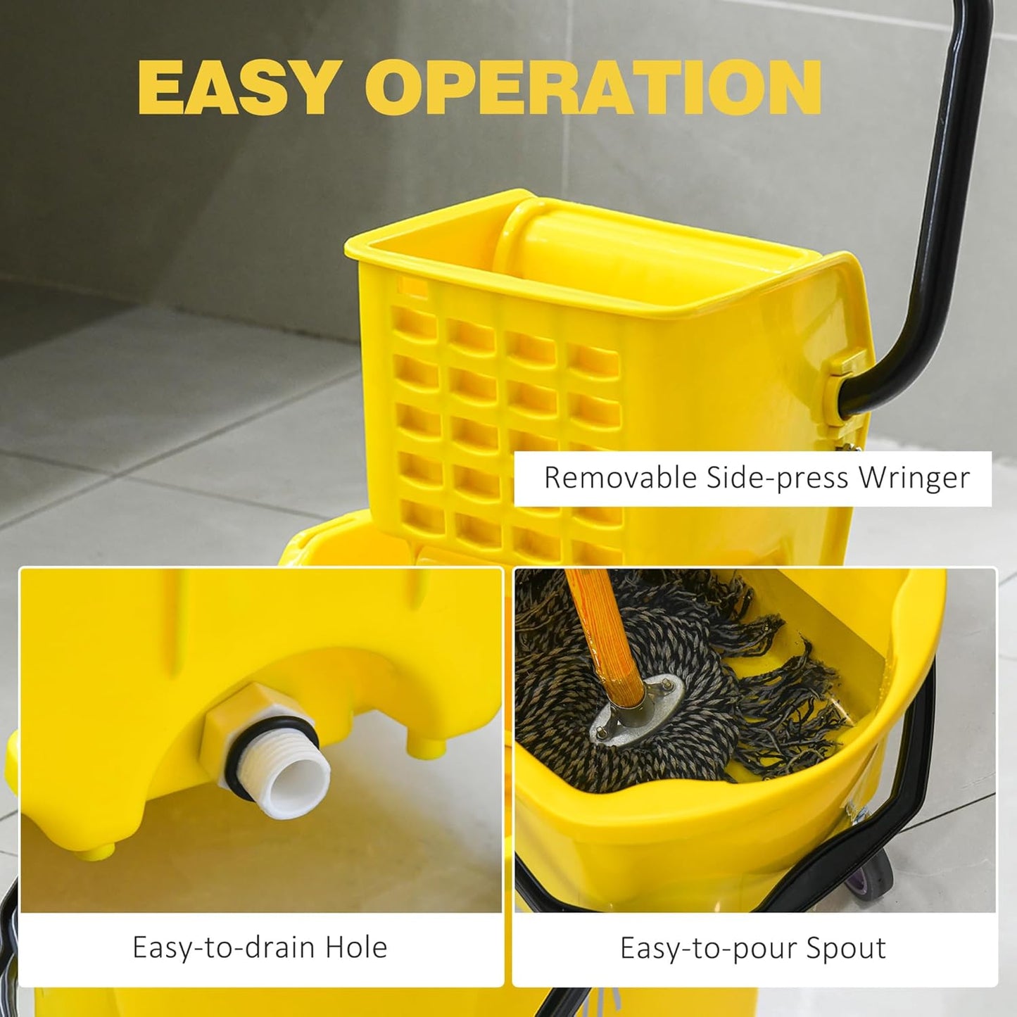 HOMCOM Mop Bucket Cart with 34 Quart Capacity, Side Press Wringer and Metal Handle, Yellow