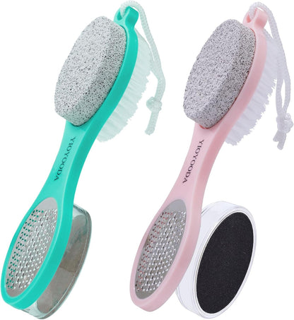 Foot File Callus Remover 5-in-1, 2 Pcs Feet Scraper Pedicure Tools with Pumice Stone, Scrubber Brush, Stainless Steel Foot Rasp and Sand Paper Debris Catcher, Multi Purpose, Cyan