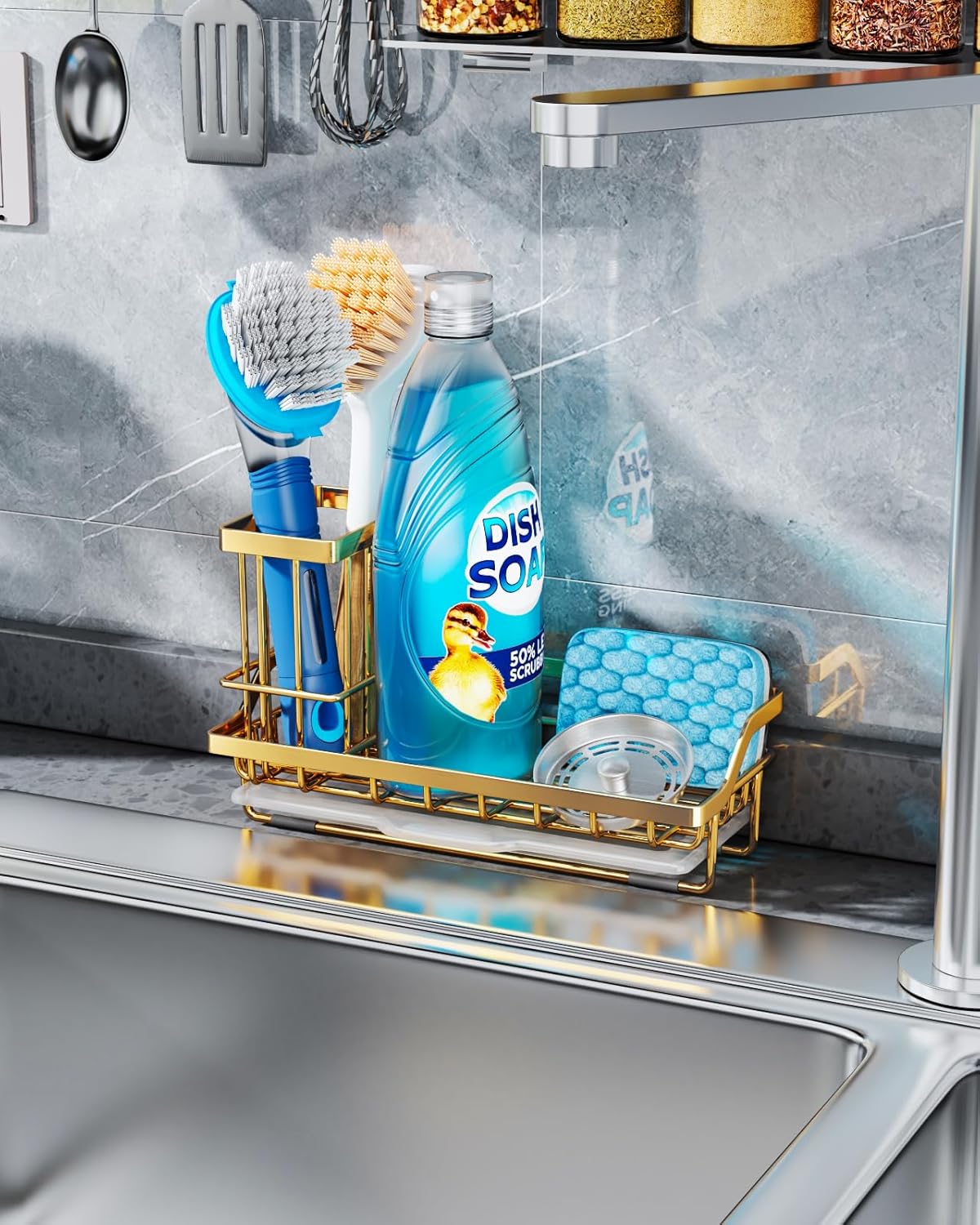 Consumest Sink Caddy, Kitchen Sponge Holder with Dish Brush Holder, Kitchen Organizer with Drip Tray for Countertop, Stainless Steel Rustproof - Silver
