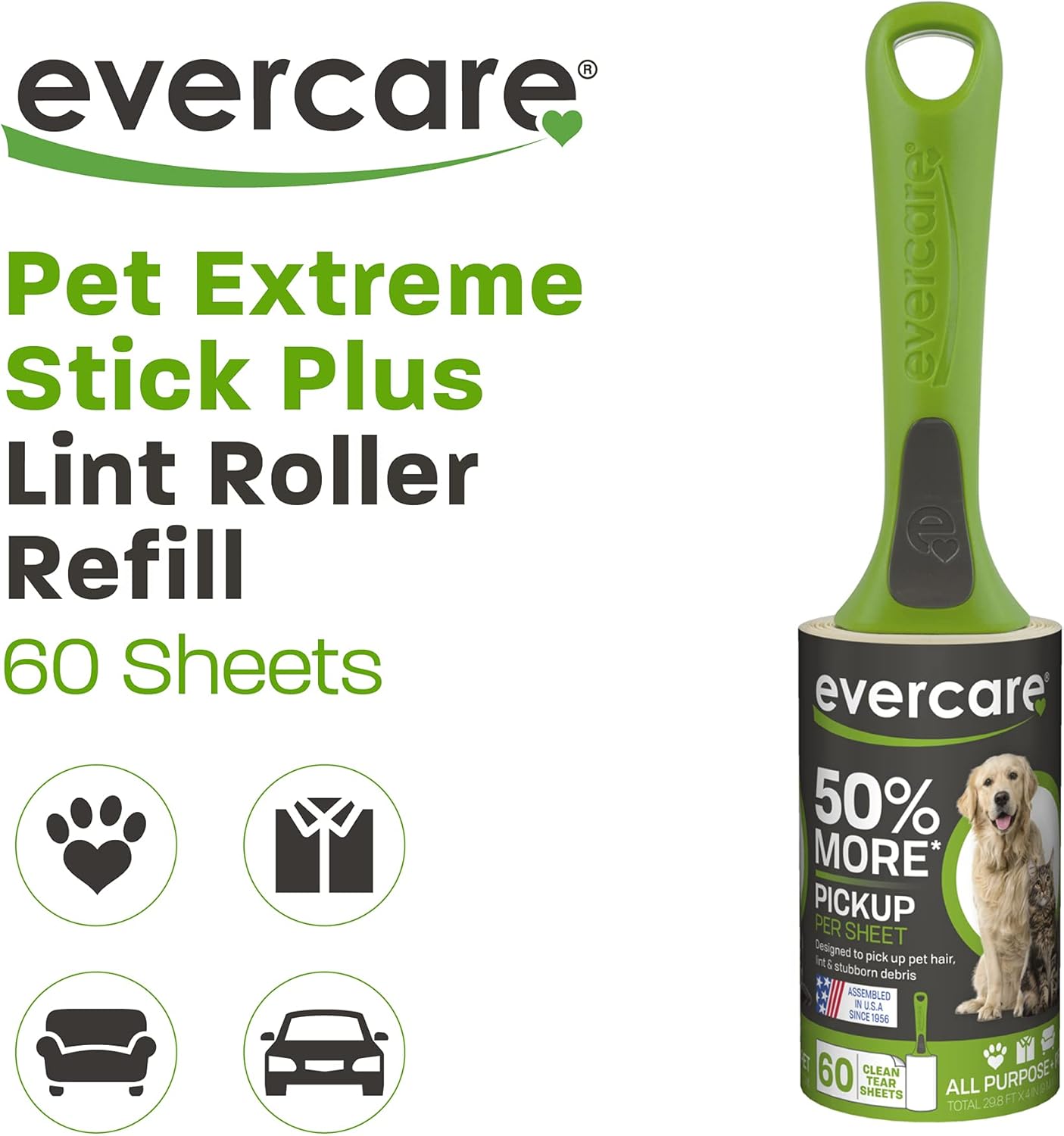 Evercare All Purpose Pet Hair Lint Roller with 2 Refills, 180 Total Sheets – Reusable Sticky Roller for Pet Hair, Cat & Dog Hair Remover, Lint Remover, Pet Hair Remover for Furniture, Clothing & Cars