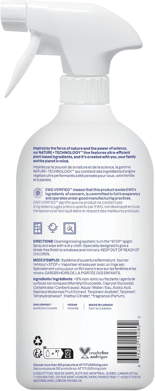ATTITUDE Window and Mirror Cleaner, EWG Verified, Plant- and Mineral-Based Ingredients, Vegan and Cruelty-free Household Products, Citrus Zest, 27.1 Fl Oz