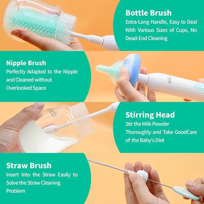 Electric Bottle Brush Cleaner, Portable Electric Baby Bottle Brush Cleaner for Travel, Rechargable Travel Bottle Cleaner Kit with Nipple & Straw Brush, Perfect Mom Essentials After Birth Gift, Green