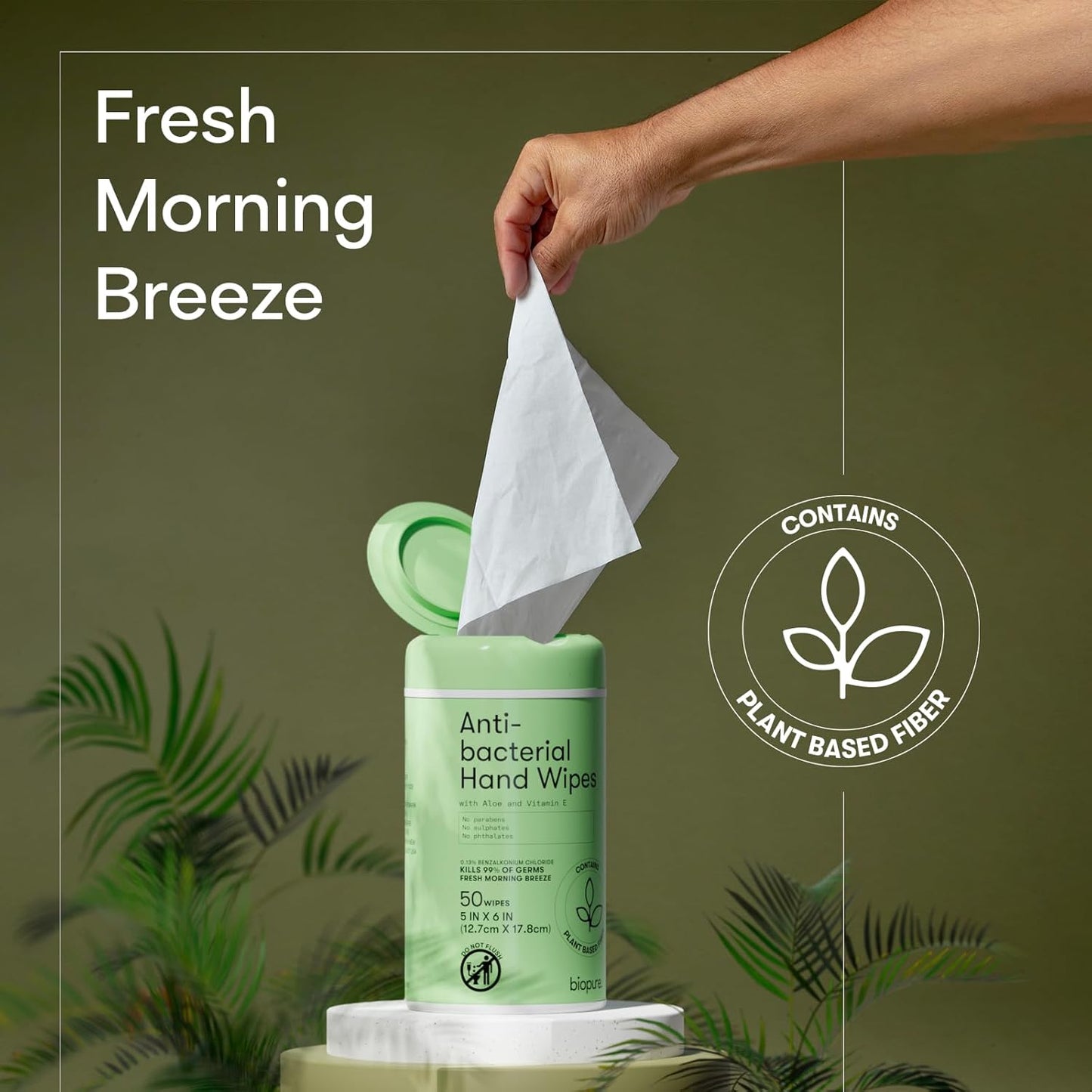 Biopure Antibacterial Hand Wipes Fresh Morning Breeze- Antibacterial Wipes with Aloe and Vitamin E Formula | 5"x7" Wet Wipes Canister | No Parabens, Sulfates or Phthalates, Kills 99% of Germs, 50 ct