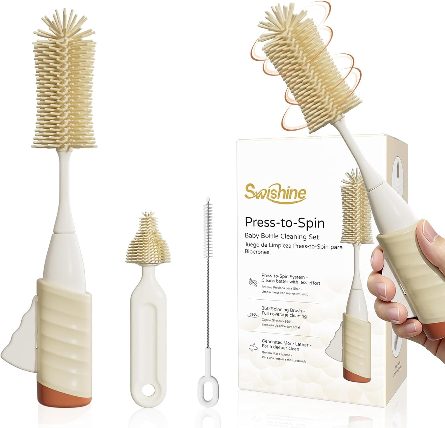 Baby Bottle Brush Set, Innovative Efficient Press-to-Spin Brush Cleaner - Includes Silicone Bottle Brush, Nipple Brush, Straw Cleaner - Spinning Generates Rich Foam for Deep Cleaning, Blue