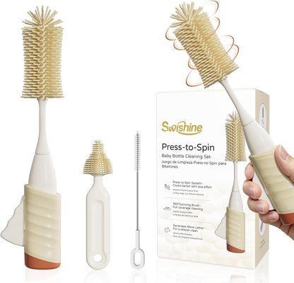 Baby Bottle Brush Set, Innovative Efficient Press-to-Spin Brush Cleaner - Includes Silicone Bottle Brush, Nipple Brush, Straw Cleaner - Spinning Generates Rich Foam for Deep Cleaning, Blue