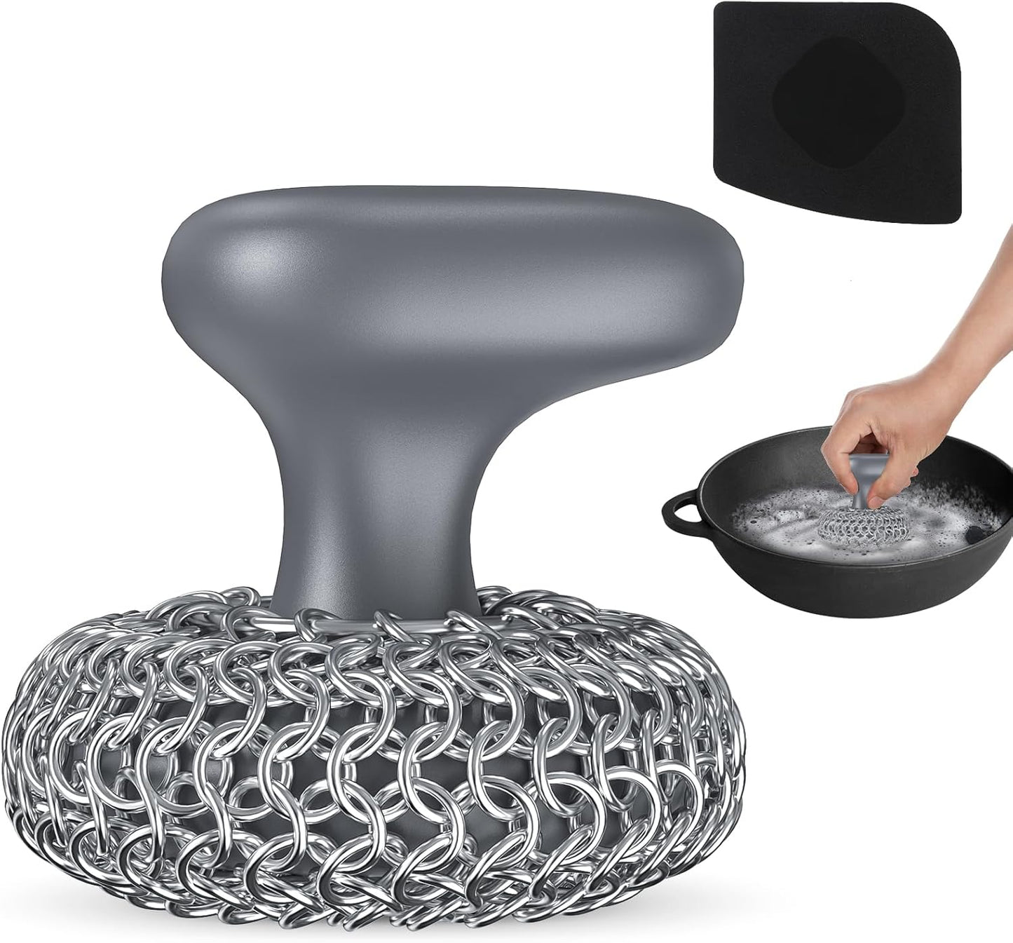 Cast Iron Scrubber | Dish Scrub Brush | 316 Cleaner Chainmail Scrubber for Cast Iron Pan Skillet Cleaner - Dish Scouring Pad Dishwasher Safe Cleaning Kit, Black 02