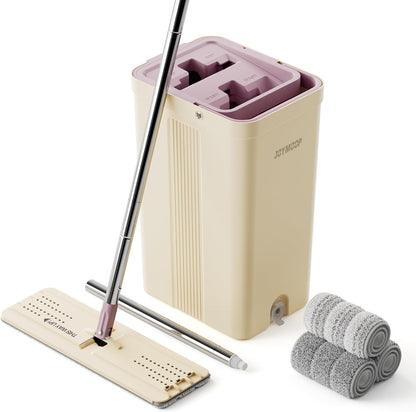 JOYMOOP Mop and Bucket Set, Flat Mops for Floor & Wall Cleaning, Commercial & Household Use, Hardwood Floor Mop with Long Handle & 4 Microfiber Pads