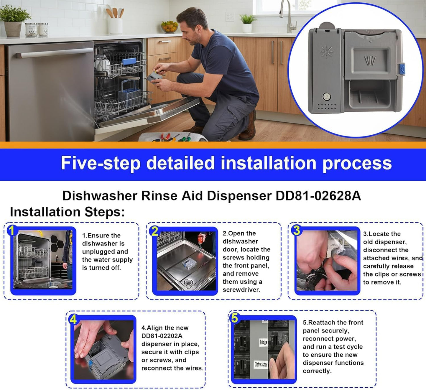 DD81-02202A ，DD81-02628A Dishwasher Detergent and Rinse Aid Dispenser Parts - Compatible with Samsung DW80M2020US, DW80R2031US/UG, DW80N3030US/UW/UB