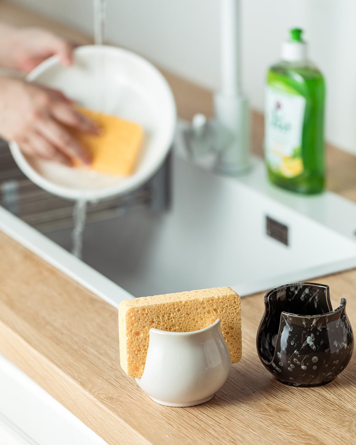 Zoeeker Sponge Holder for Kitchen Sink, Ceramic Dish Sponge Dish Rack Scrubby Caddy Kitchen Organizer Cute Sink Caddy Organizer, Farmhouse Decor, Speckled Glaze