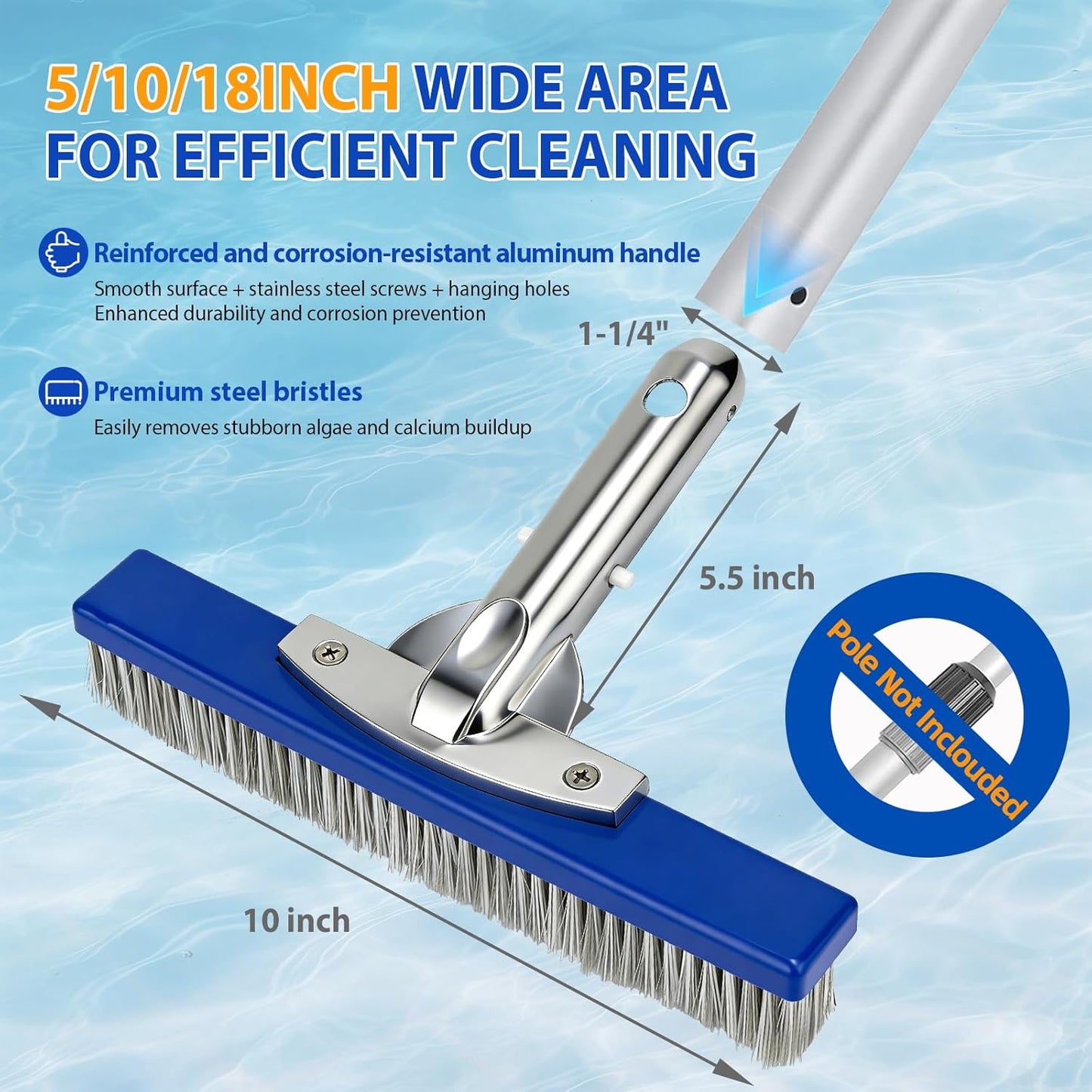 5-Inch Pool Brush Head - Combo Nylon & Stainless Steel Wire Bristles, Heavy Duty Metal Pool Brushes for Extra Scrubbing Power, for Cleaning Inground Pool Tiles, Concrete, Walls, Floor, Steps, Corners