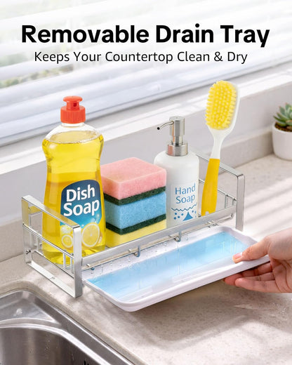 HULISEN Large Sponge Holder, 304 Stainless Steel Kitchen Soap Dispenser Caddy Organizer, Countertop Soap Dish Rack Drainer with Removable Drain Tray, not Including Dispenser and Brush, Silver