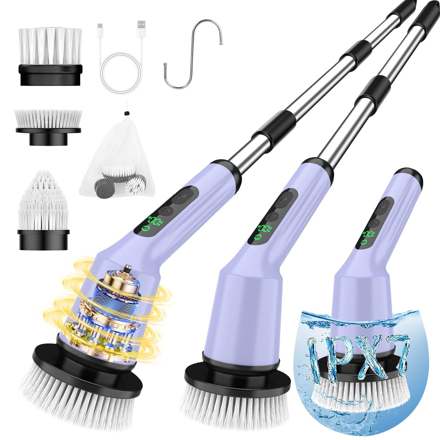 Electric Spin Scrubber for Cleaning Bathroom, Shower Scrubber Cordless Cleaning Brush with IPX7 Waterproof & 2 Speed, 3 Brush Heads, Bathroom Cleaning Supplies for Shower Tub Kitchen Tile Toilet White