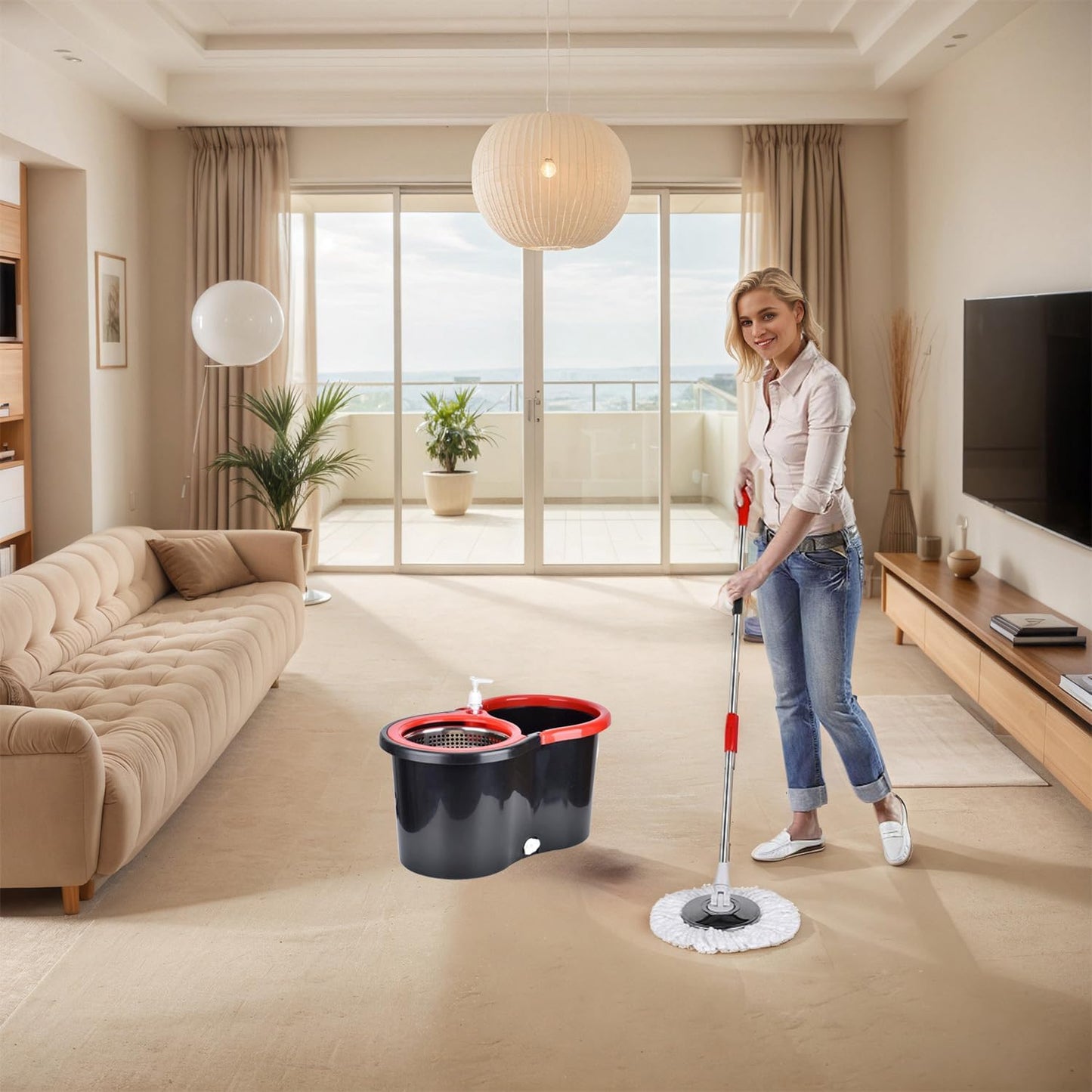 Spin Mop and Bucket Set with Wringer,360° Spinning Mop Bucket with 3 Microfiber Mop Head and 61" Adjustable Handle,for Floor Cleaning