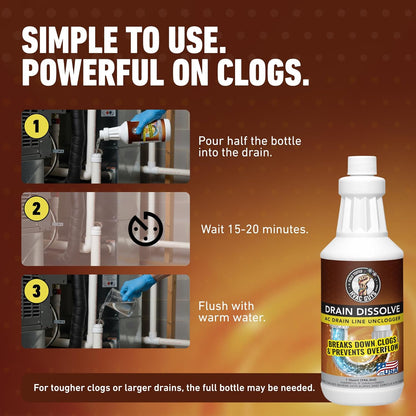 HVAC Guys Drain Dissolve | AC Drain Line Cleaner & Unclogger | Heat Generating Alkaline Formula | Prevents Overflow | Clears Hair, Grease, Gunk - 32oz