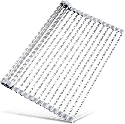 Tomorotec 17.7" x 15.5" Roll Up Dish Drying Rack Over Sink Drying Rack Sink Cover Kitchen Sink Accessories Gadget Multipurpose Organizer Foldable Stainless Steel Drainer (Grey)
