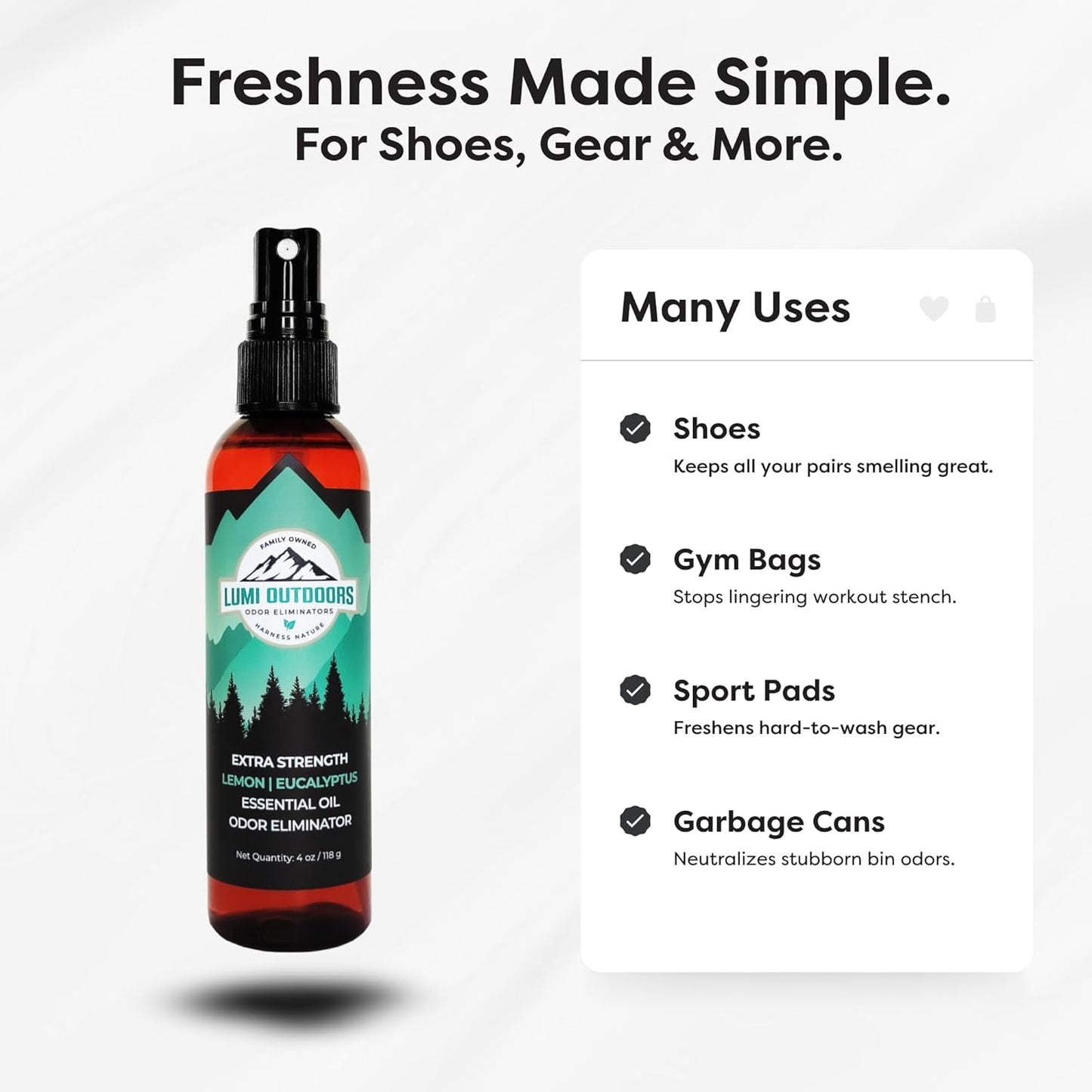 Lumi Outdoors Natural Shoe Deodorizer Spray (700+ Sprays) - Extra Strength Shoe Odor Eliminator for Smelly Shoes & Foot Odor - Replaces Shoe Balls & Inserts - Lemon Eucalyptus