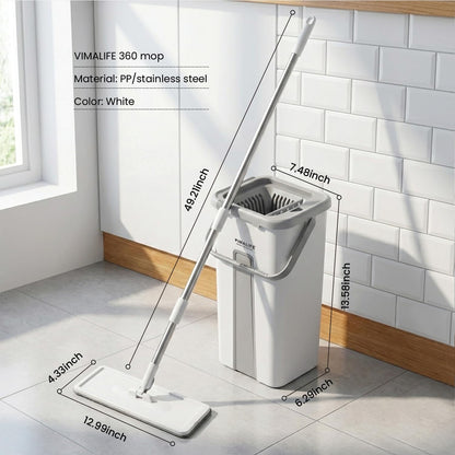 VIMALIFE Mop and Bucket Set with Wringer, Self Cleaning Flat Mop and Bucket System, 2 Parts Bucket Wash & Dry System, 360° Rotating, 3 Microfiber Pads Included Ideal for Homes, Floor & Wall Ceilings