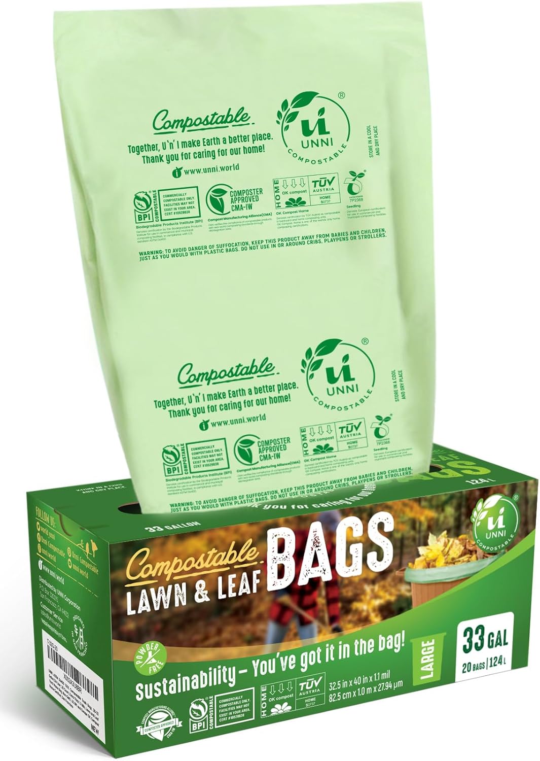 UNNI Compostable Trash Bags, 13 Gallon / 49.2 Liter, 50 Count, Extra Thick 0.9 Mil Tall Kitchen Food Scrap Bin Liners, Certified by BPI, CMA & OK compost HOME, Meets the ASTM D6400 Standard