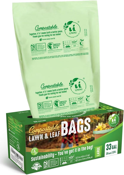 UNNI Compostable Trash Bags, 13 Gallon / 49.2 Liter, 50 Count, Extra Thick 0.9 Mil Tall Kitchen Food Scrap Bin Liners, Certified by BPI, CMA & OK compost HOME, Meets the ASTM D6400 Standard