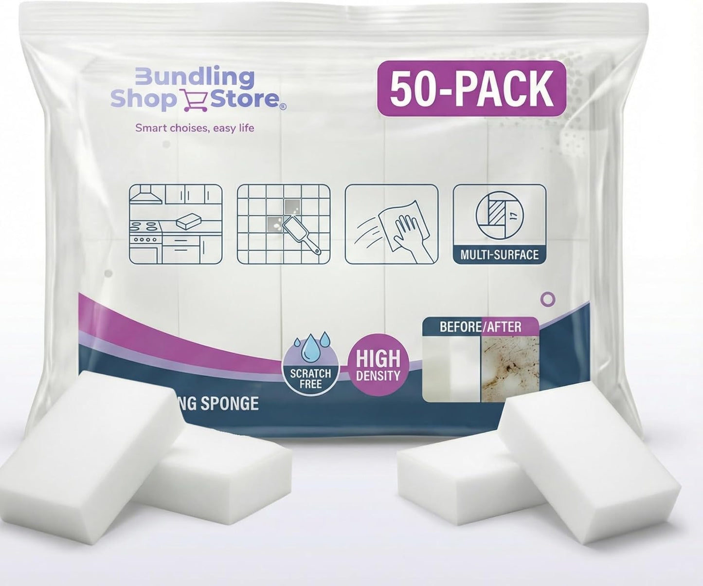 Melamine Sponge- Cleaning Pads 50 Count, High Density, Scratch Free Sponges (3.93in X 2.36in X 0.78in) for Kitchen, Bathroom, Tiles, Walls & Multi-Surface Cleaning