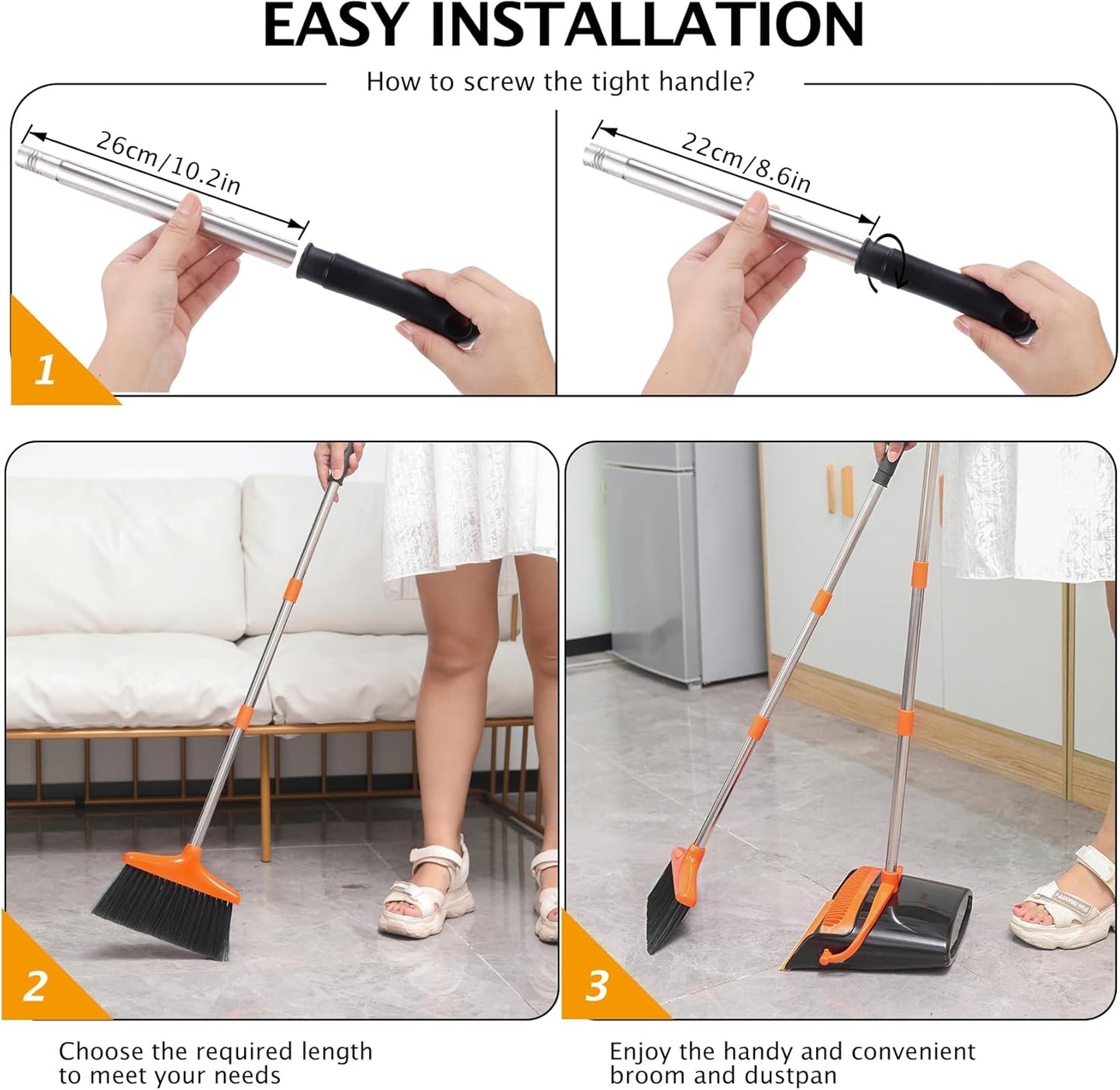 Broom and Dustpan Set with Long Handle, Light Weight Stainless Steel Poles Stand Upright Dustpans with Broom Combo for Home Kitchen Office Pet Dog Hair, Brown & Beige Color, 1-Pack