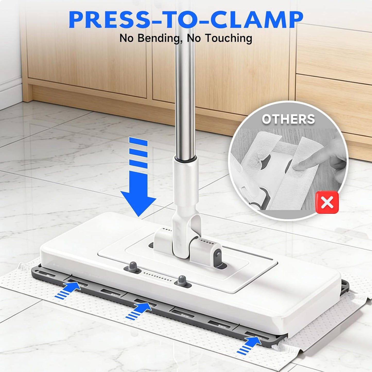 New 2-in-1 Push Clamp Lazy Mop – Hands Free Flat Mops, Swiffer Mops Alternative, Compatible with Most Pads Adjustable Handle, Perfect for Homes with Kids & Pets (Large Flat Mop)