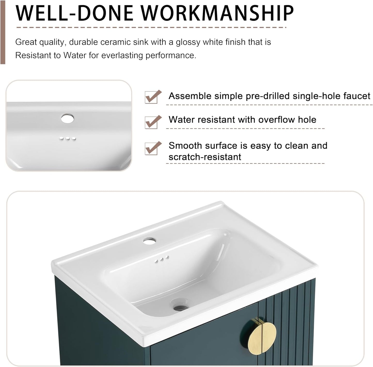 SSLine Modern 24-Inch Bathroom Vanity with Sink Wall Mounted Bathroom Vanity with Top Basin & Storage Cabinet White Wood Floating Vanity w/Ceramic Sink & Gold/Black Handles for Small Space