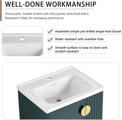 SSLine Modern 24-Inch Bathroom Vanity with Sink Wall Mounted Bathroom Vanity with Top Basin & Storage Cabinet White Wood Floating Vanity w/Ceramic Sink & Gold/Black Handles for Small Space