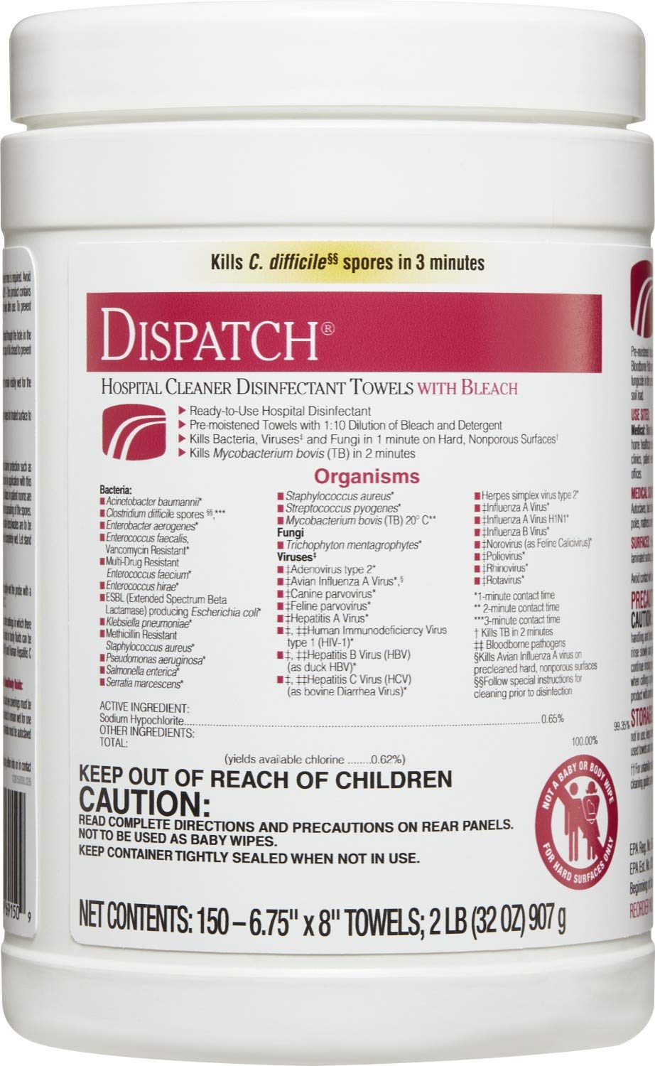 Dispatch Hospital Cleaner Disinfectant Towels with Bleach, 150 Count Canister (Package May Vary)