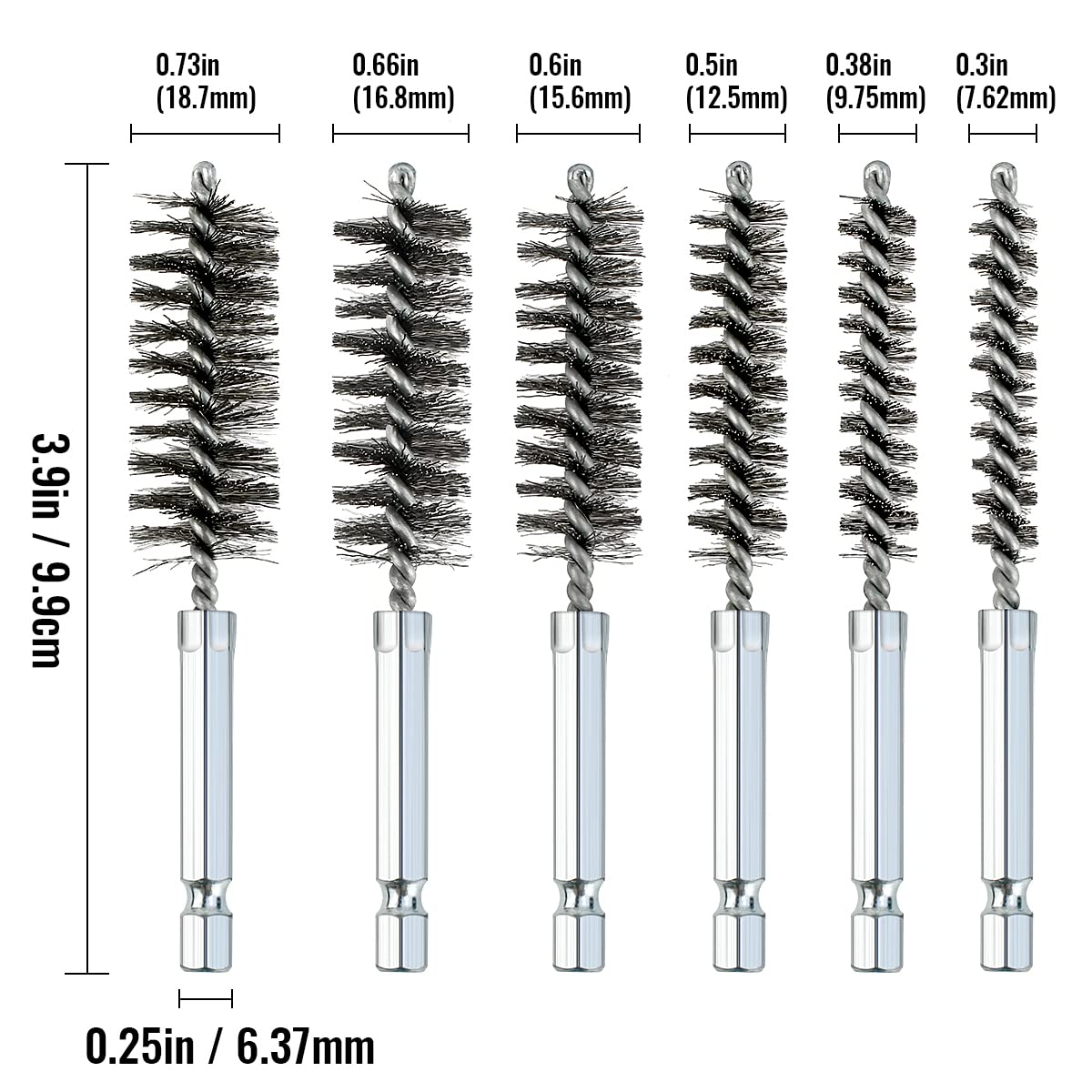 6 Pcs Stainless Steel Bore Brush Set with 1/4" Hex Shank Twisted Wire Bristles, Different Sizes (8, 10, 12, 15, 17, 19mm) for Rust and Tube Cleaning