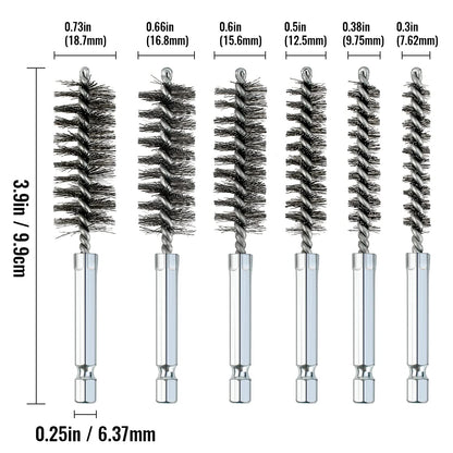 6 Pcs Stainless Steel Bore Brush Set with 1/4" Hex Shank Twisted Wire Bristles, Different Sizes (8, 10, 12, 15, 17, 19mm) for Rust and Tube Cleaning
