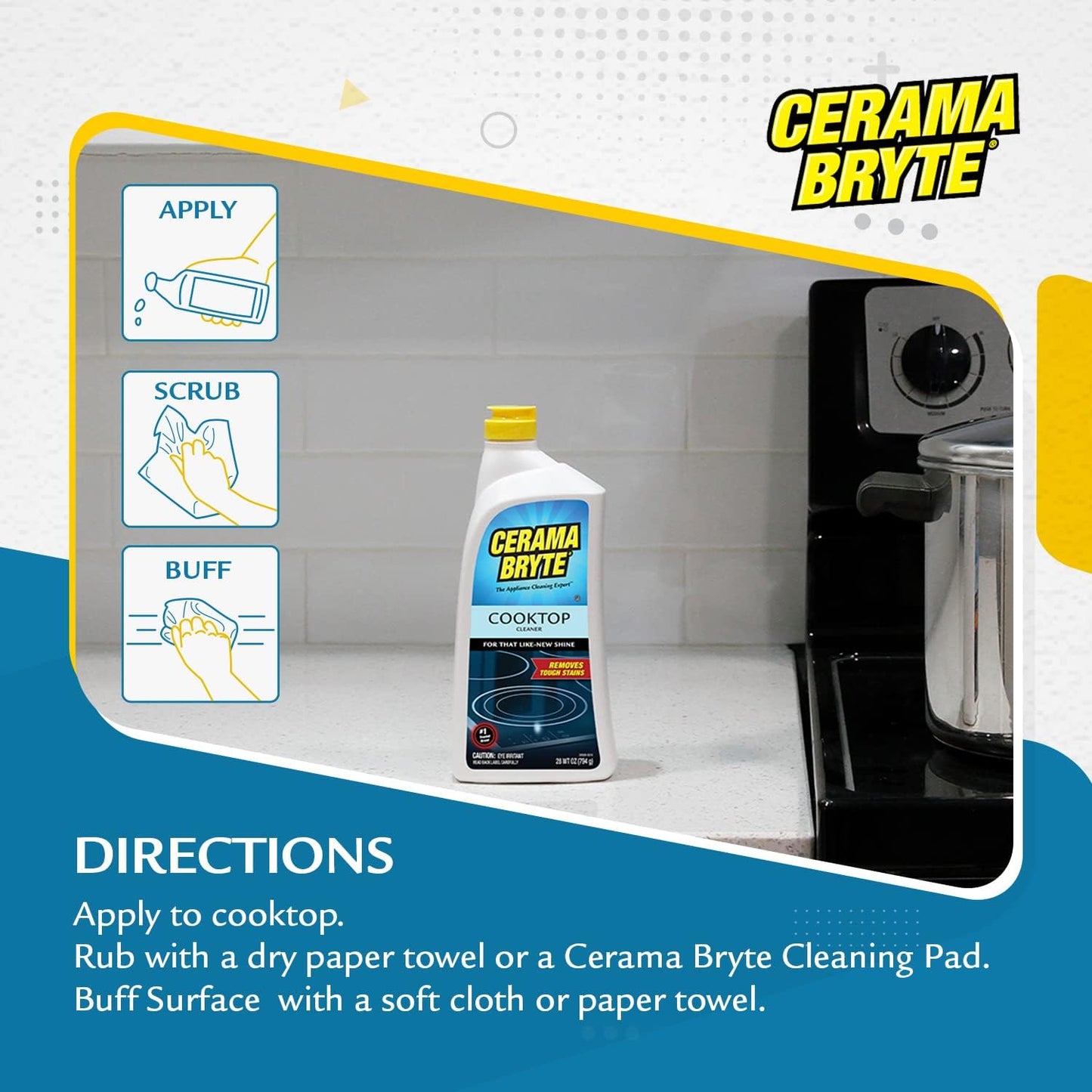 Cerama Bryte Daily Spray Cooktop and Stove Top Cleaner for Glass & Pads Combo Kit - Ceramic Surfaces, 16 Fluid Ounces, 4 Piece Set