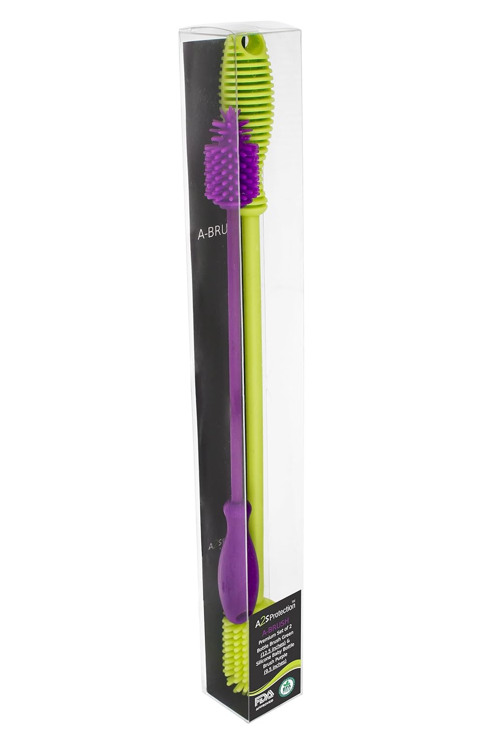 A-Brush Silicone Bottle Cleaner Brush, 2 Piece Set, Flexible, Long Handle - Water Bottle Cleaner, Baby Bottle Nipple Brush for Plastic & Glass, BPA-Free Dish Washing Brush A2S Protection