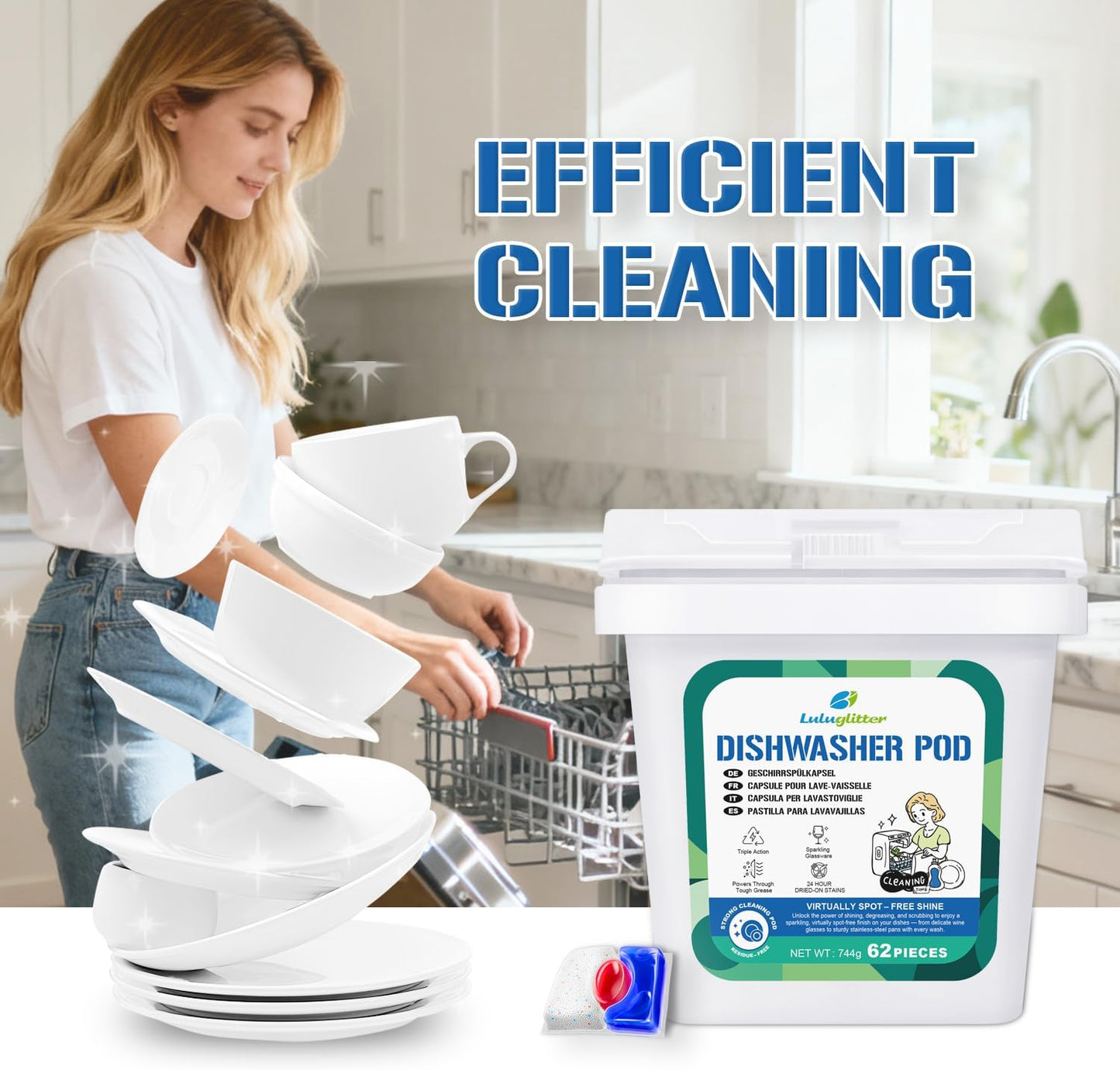 Dishwasher Pods 62 Count, Scrubbing Power, No Pre-Rinse Dishwasher Detergent Soap Removes Burnt-On Stain