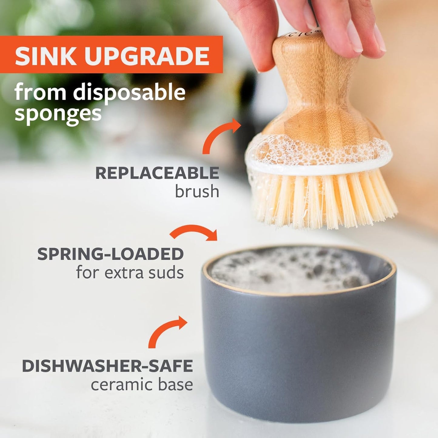 Full Circle Bubble Up Bamboo Dish Brush & Ceramic Soap Dispenser – Family Safe, Formaldehyde-Free – Kitchen Scrub Brush for Dishes, Nonstick & Cast Iron, White