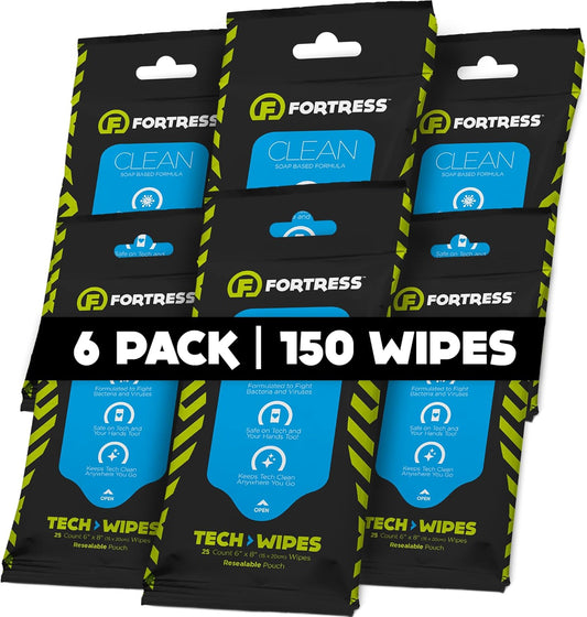 Fortress Electronic Wipes (25 ct, Pack of 3) To-Go Tech Wipes for Screens, Phones, Keyboards, TV Monitors, Computer Screens, and More [Travel Size] Skin-Safe