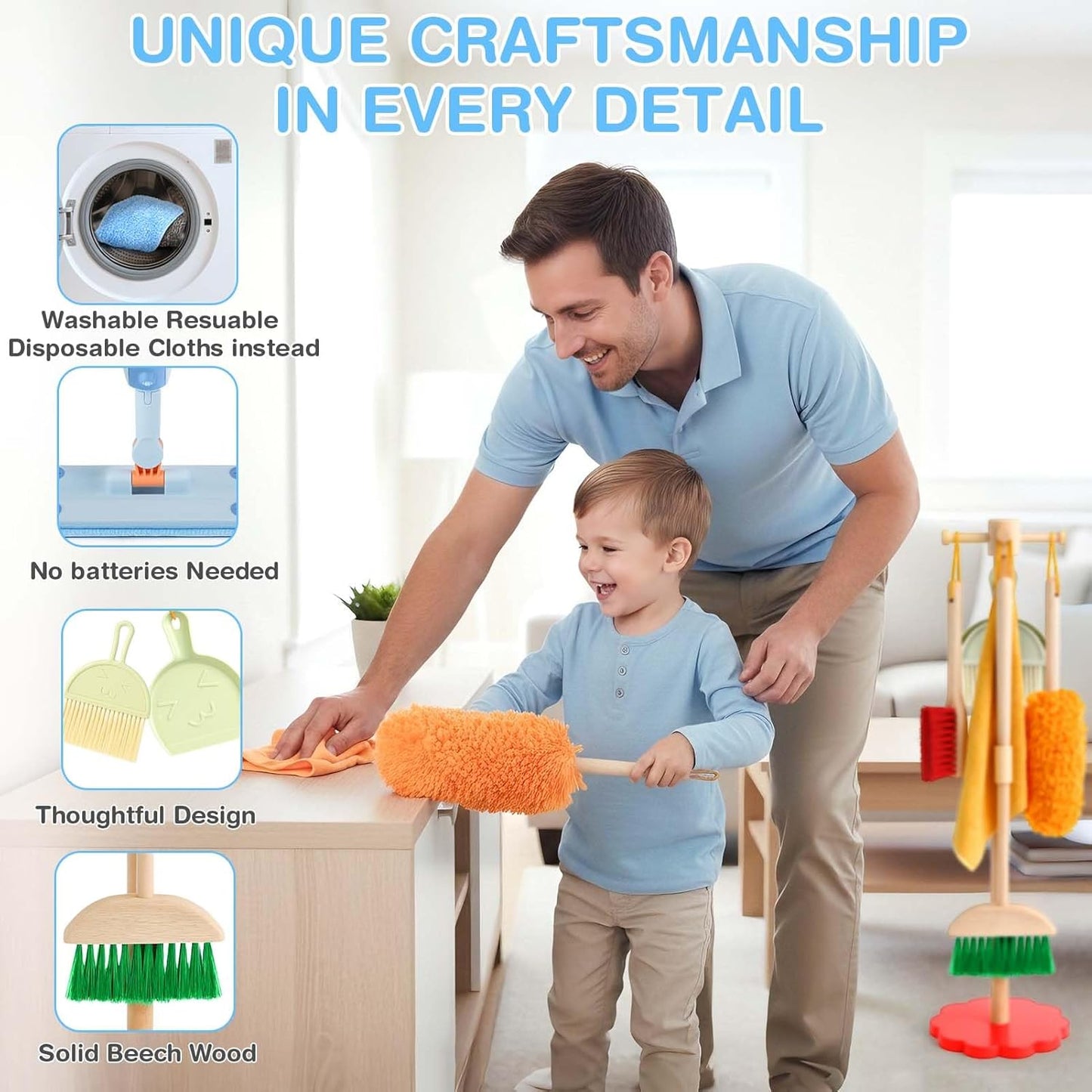 Dreamon Kids Spray Mop - Real Working Toddler Cleaning Set with Water Sprayer & 3 Washable Mop Pads & Scraper, Pretend Play Montessori Housekeeping Toys Gifts for Toddlers Kids Girls Boys(Blue)