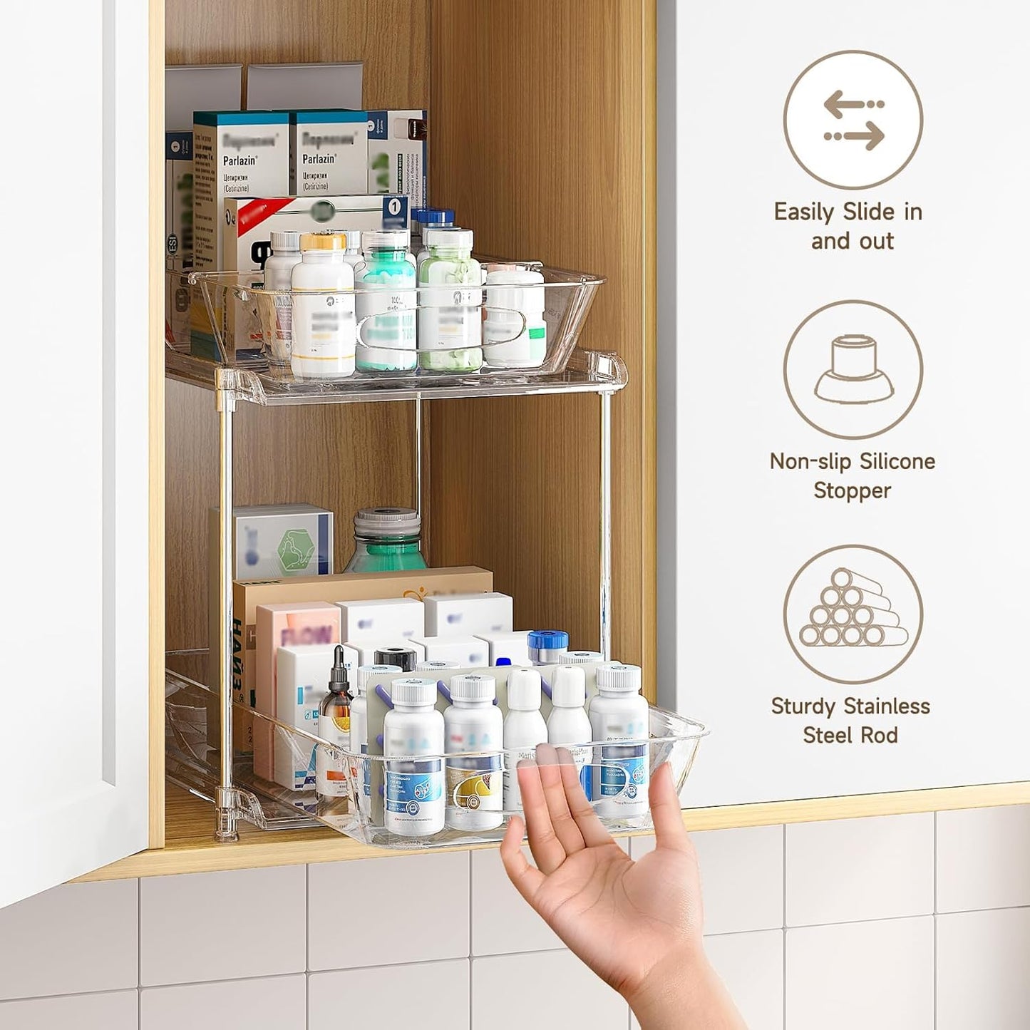 Sevenblue 4 Pack Under Sink Organizer, Bathroom Organizers and Storage, 2 Tier Multi-Use Pull Out Cabinet Organizer with Hang Hooks and Cups (Black, 4 Pack)