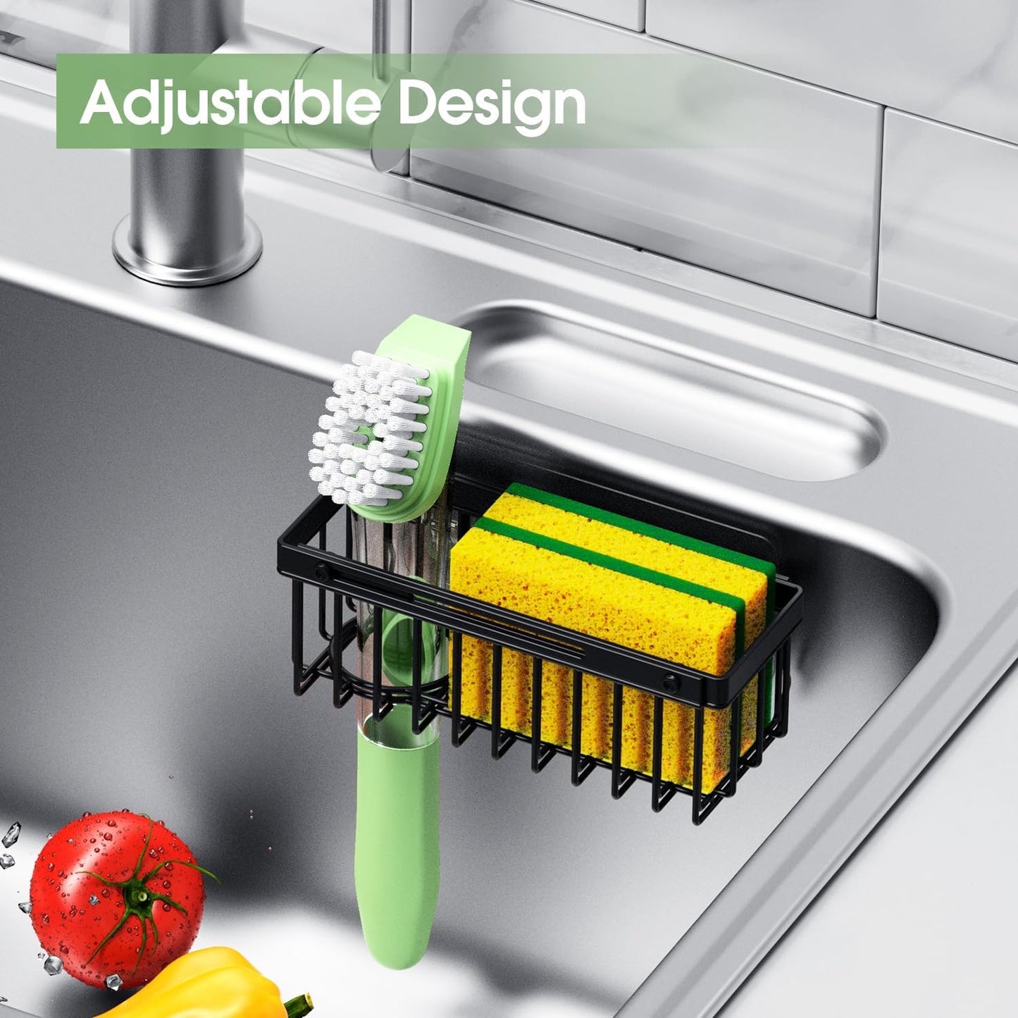 Expandable Kitchen Sink Caddy, Strong Adhesive Mount Detachable Sponge Holder for Kitchen & Bathroom Sink with Extra Suction Cups, Holds Sponges, Dish Brushes, Scrubbing Pads - Black