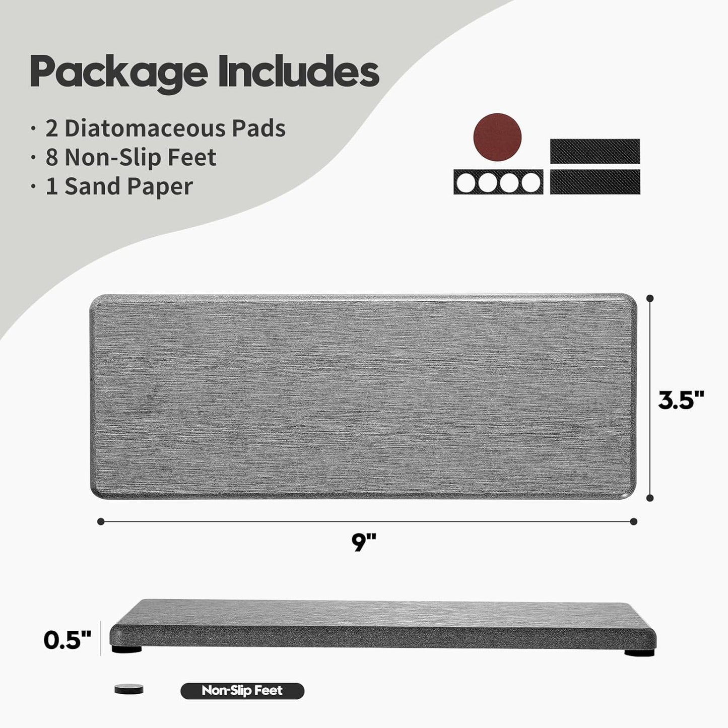 2PCS Water Absorbing Stone Drying Tray for Kitchen Counter & Bathroom Sink, Diatomite Faucet Splash Guard, Soap Dispenser Rack & Sponge Holder Caddy Organizer, Marble White (Printed Pattern), 9"x 3.5"