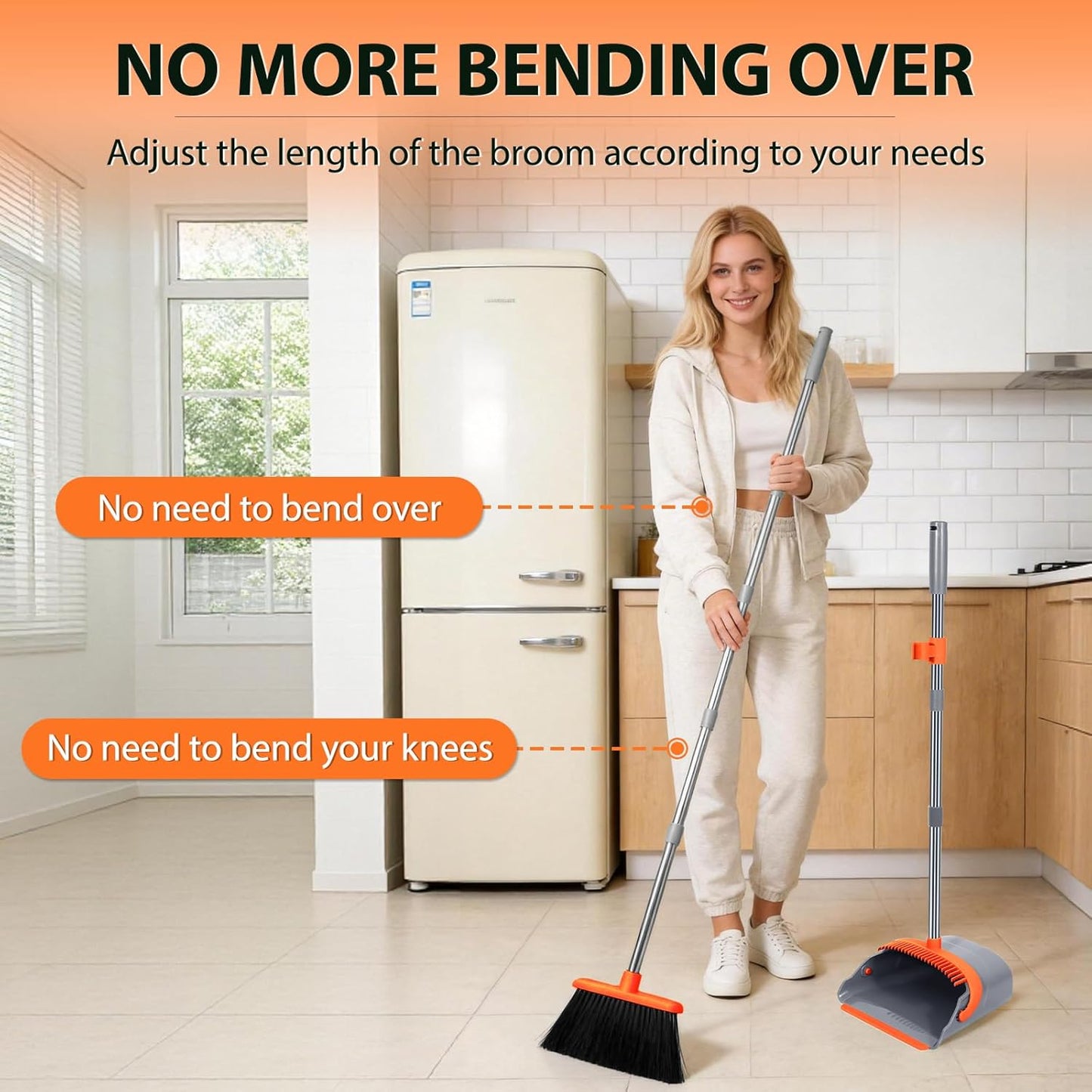 YZO Broom and Dustpan Set, 54.33 Inch Long Handle Standing Design, Dustpan Front Rubber Tight Seal, Broom with 5 Layer Bristles, Suitable for Living Room, Bedroom, Yard, Office and Apartment(Green)