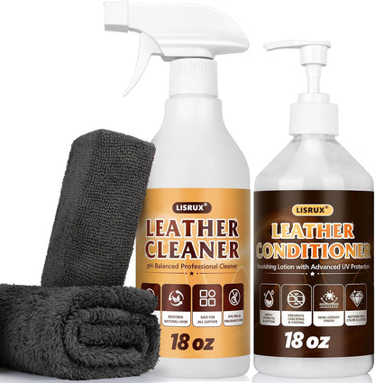 LISRUX Leather Cleaner and Conditioner Kit-2×18oz, Leather Cleaner for Car Seats, Furniture, Couches, Shoes & Boots, pH-Balanced, Restores & Protects All Leather For Natural, Synthetic, Faux, Pleather