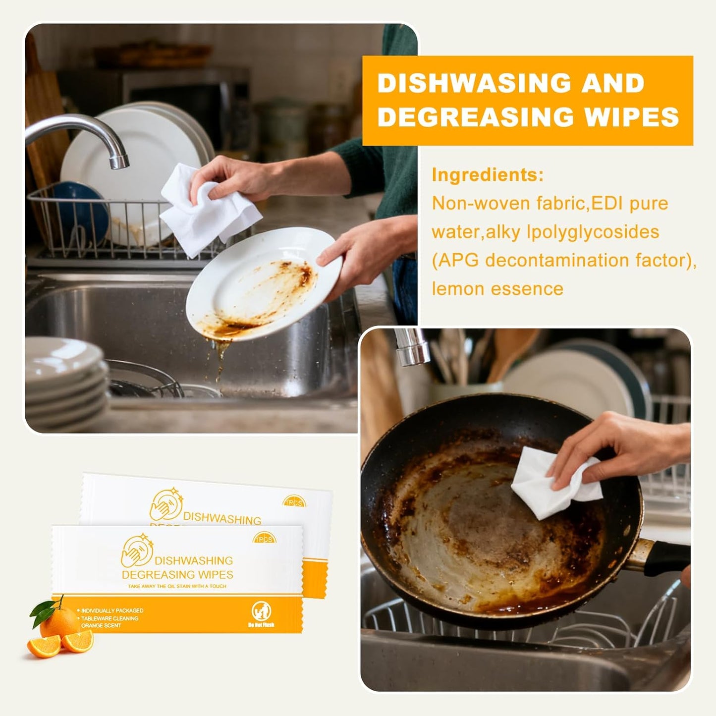 Dish Cleaning Wipes Individually Wrapped Travel Dish Soap Wipes Orange Scent 7.7”x 7.3“ Disposable Wipes Portable for Kitchen Outdoor Traveling Camping RV Quick Clean (50)