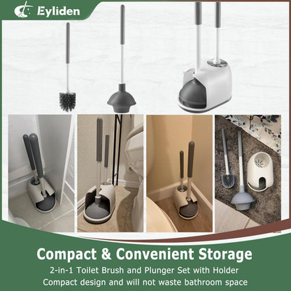 Eyliden Toilet Plunger and Brush Set | 2-in-1 Bathroom Cleaning Tools with Holder | Unclogs Toilets, Deep Cleans Bowls | Compact Caddy Stand | Nylon Bristles, Durable Plastic, Black