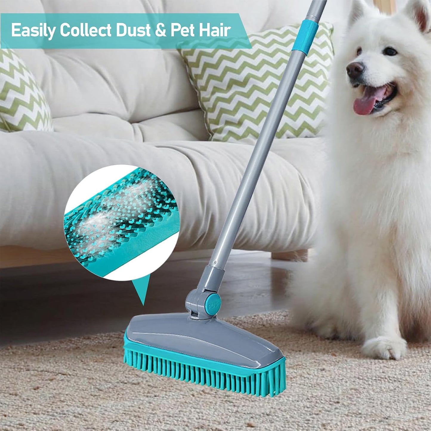180°Rotating Head Rubber Broom with Squeegee for Pet Hair Removal - 51" Iron Handle Fur Remover Rake Brush for Carpet, Hardwood & Tile Floors, Includes Pet Hair Removal Gloves (Blue)