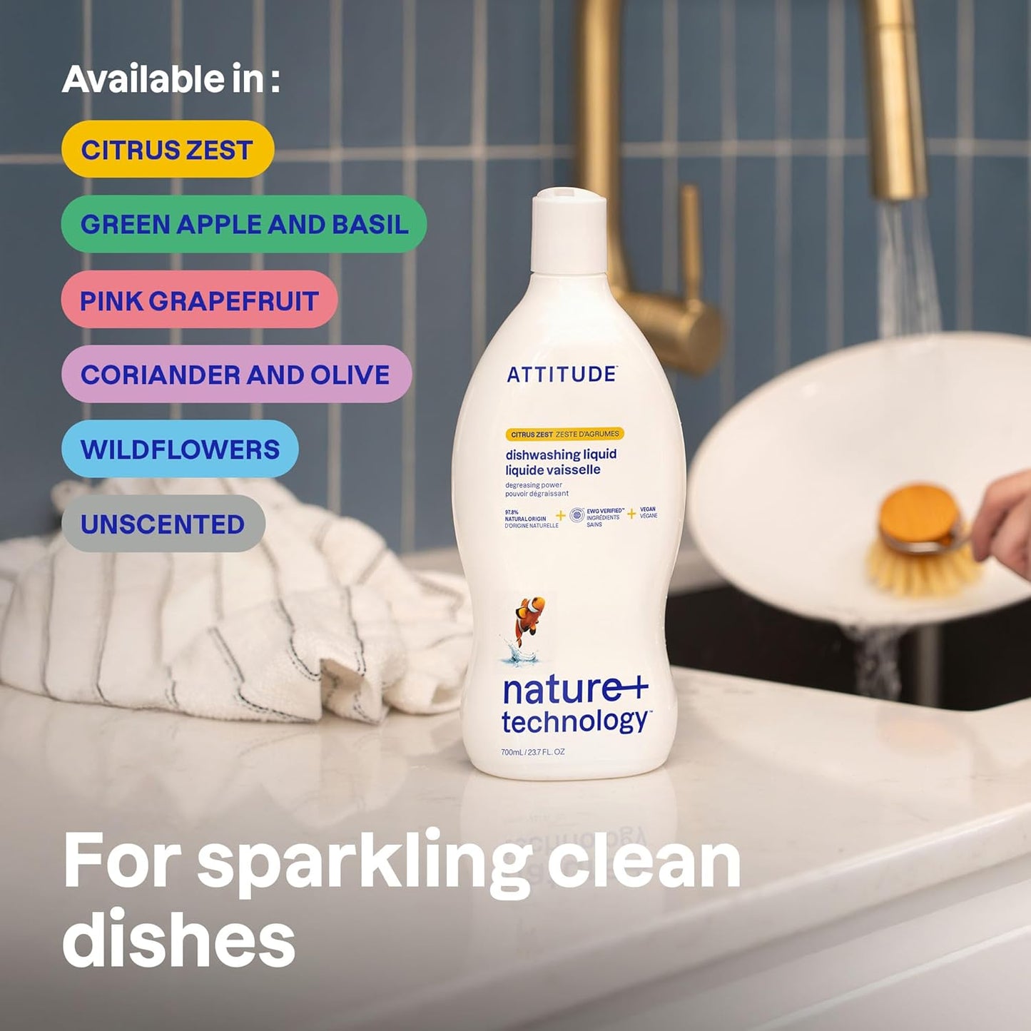 ATTITUDE Dish Soap Refill, EWG Verified, Plant-Based & Vegan Dishwashing Liquid, Naturally Derived, Unscented, 67.6 Fl Oz