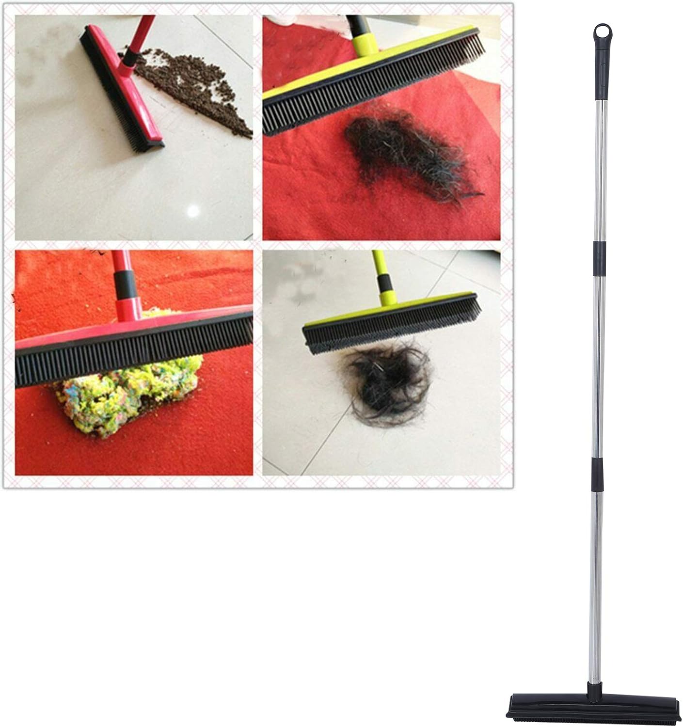 Telescopic Rubber Broom with Squeegee, Multifunction Adjustable Pet Hair Removal Carpet Rake for Fluff Rug Hardwood Floor (Black)