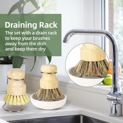 DEBETOOL Bamboo Dish Brush Set with Holder - Natural Dish Scrub Brush for Cleaning Dishes, Fast Dry Design Kitchen Dish Brush for Sinks & Pots