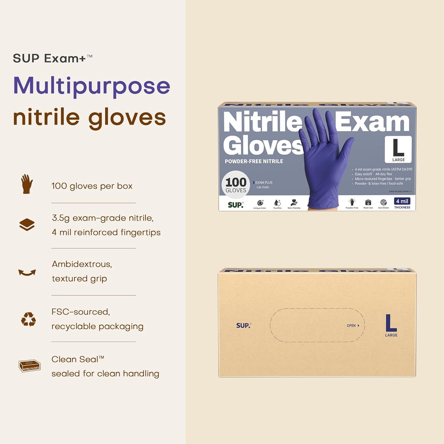 SUP Powder-Free Nitrile Exam Gloves, 100 Count Food Safe Latex-Free Medical Non-Sterile Cooking Disposable Glove, Blue Violet