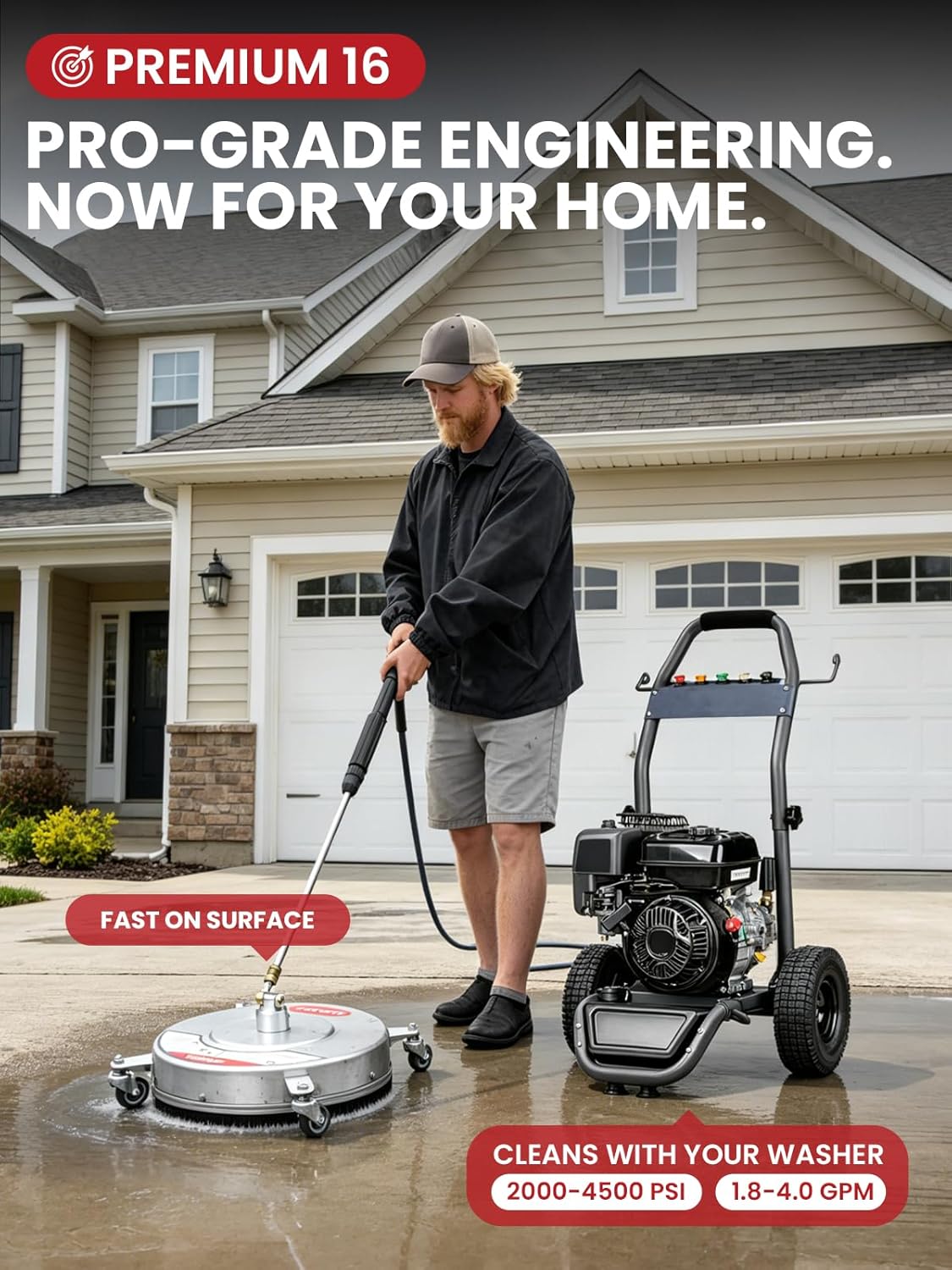 WOJET 16" Stainless Steel Pressure Washer Surface Cleaner, Professional Grade Power Washer Surface Cleaner Attachment for Concrete Driveway, Patio, Deck, Sidewalk, Fits Gas & Electric Washers 4500 PSI